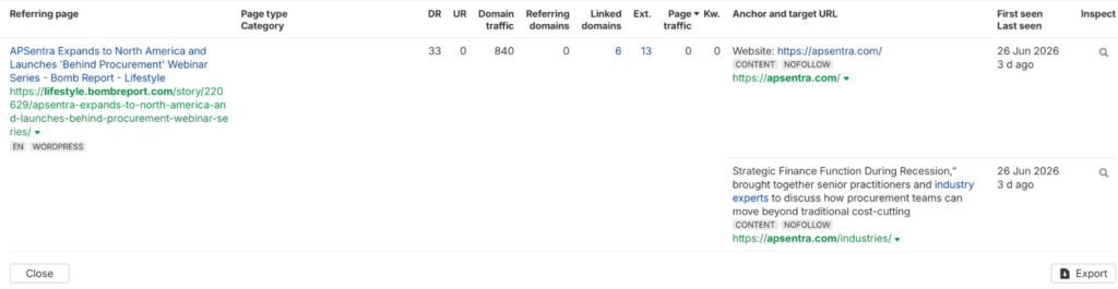APSentra's backlink profile